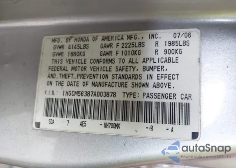 2007 Honda Accord 2.4 Se из США, поврежденный, VIN 1HGCM56387A003878